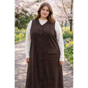 Jaclyn Smith Classic Plus Brown Houndstooth Button Front Maxi Jumper Dress 20W